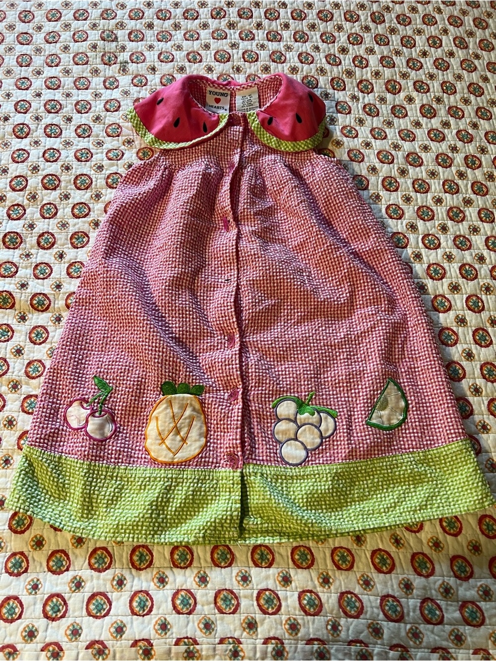 Vintage 90s Watermelon Fruit Embroidered Checkered Dress size 6x
